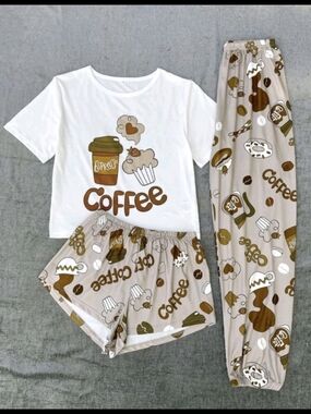 3-PC Coffee Design Pajama Lounge Set Sz 6 NIP